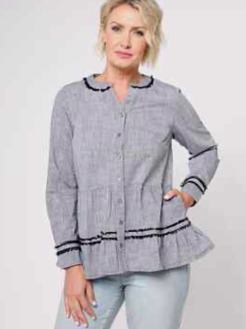 LOGO by Lori Goldstein Tiered Chambray Button-Down Shirt - Frayed Trim